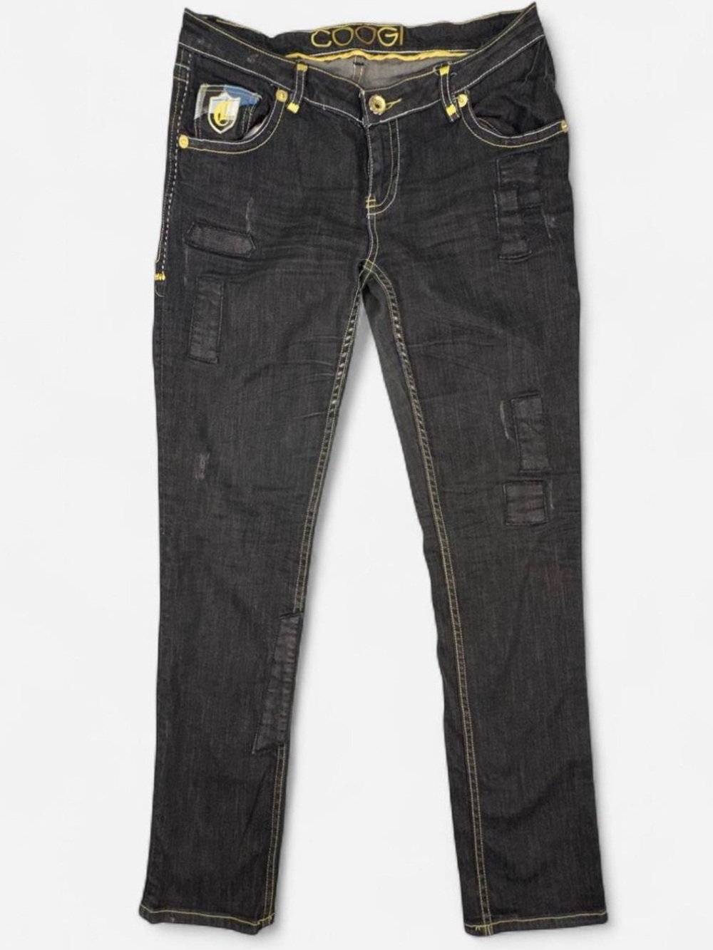 Y2K COOGI Low Rise Patchwork Jeans Black Gold Embroidered 11/12